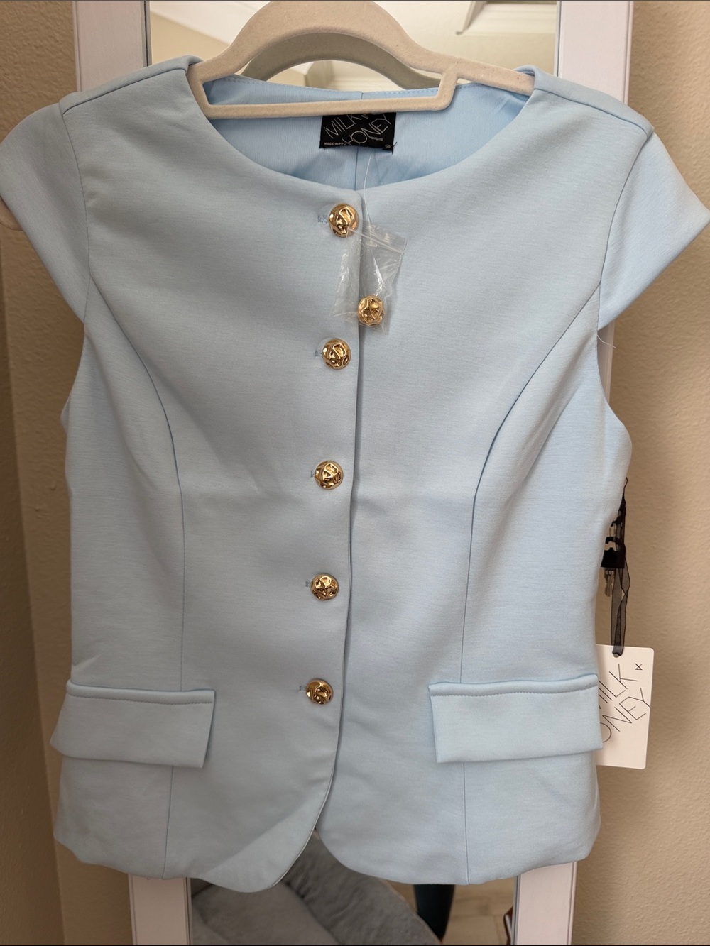 Pale Blue cap sleeve Blazer with Gold Buttons by Milk & Honey New